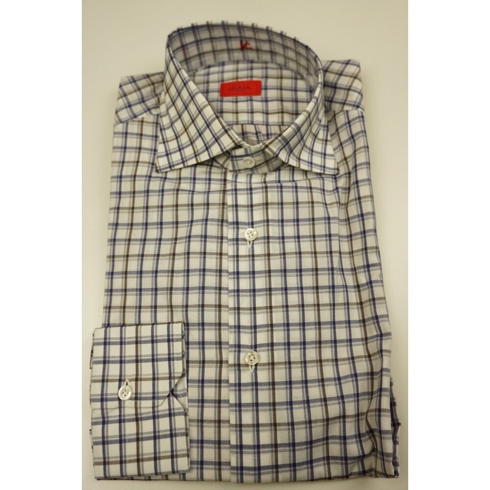 Isaia Sapphire White Hickory Plaid Long Sleeve Cotton Dress Shirt 15.5/39 NEW